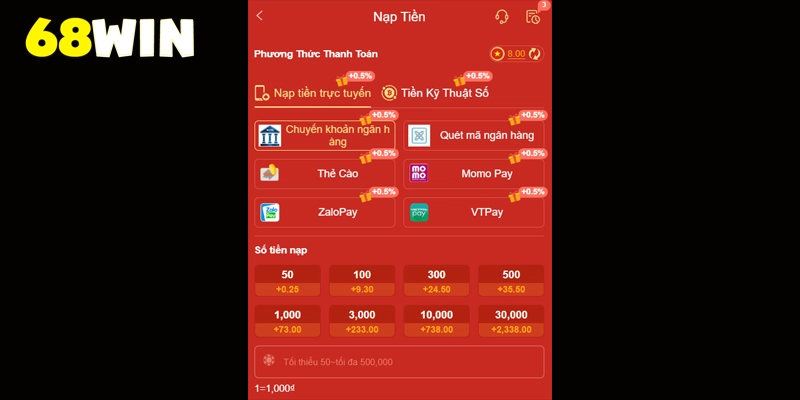Đăng nhập và chọn nạp tiền 68win thông qua hình thức ngân hàng